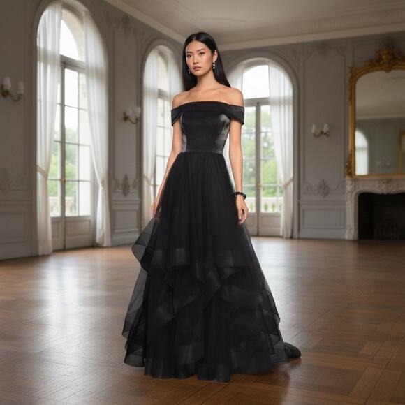 La Femme New Off the Shoulder Evening Gown Black 10 Formal Cocktail Fairy Goth - Picture 1 of 12